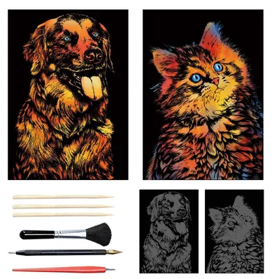 Image de Kit de gravure A3 avec motifs d'animaux (chat et chien), comprenant les outils nécessaires