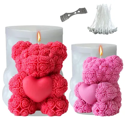 Produktbild von 2-teilige Silikon-Kerzenformen, 3D-Rosenbär-Silikonform, Rosenbär-Teddybär-Form, Silikon-Bärenform, DIY-Kerzenformen für selbstgemachte Seife, Valentinstagsgeschenke (S & M)