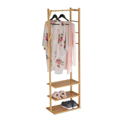 Obrázek produktu pro Relaxdays Stojan na oblečení z bambusu a MDF, věšák, rozměry 164 x 49 x 28 cm, 3 police, 4 háčky, tyč na věšení, přírodní