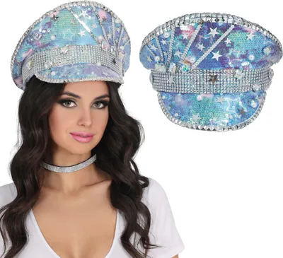 Immagine prodotto di Cappello scintillante di carnevale della polizia perline strass stelle blu argento elegante copricapo costume di carnevale design elegante, colore: blu