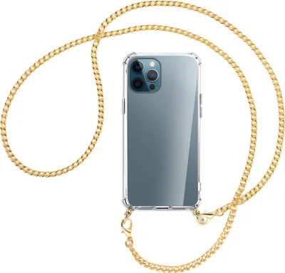 Produktbild von Handykette Backcover-Schutzhülle mit Band (Metall goldfarben) für Apple iPhone 12 Pro Max - goldfarbene Kette