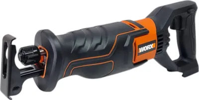 A black and orange reciprocating saw is shown against a white background.