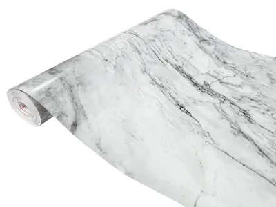 A roll of marble-patterned adhesive film is shown against a white background.