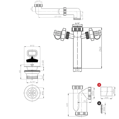 Produktbild von Raumspar-Siphon, 2 Geräteanschlüsse, Edelstahl-Ablauf mit Stopfen, 6/4", DN40, weiß