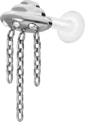 Produktbild von Ohrpiercing, Nasenpiercing PTFE Labret mit Innengewinde + Titan-Aufsatz UFO + KETTEN + KRISTALLE Silber Stablänge: 8mm | Stabstärke: 1,6mm