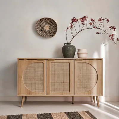 Produktbild von sweeek - Skandinavisches Sideboard mit Holzdekor und abgerundetem Rohrgeflecht 1 Tür 80cm - Natur