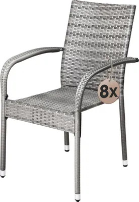 A single gray outdoor chair with armrests, shown from a three-quarter angle against a white background.