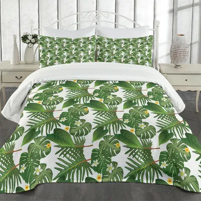 Produktbild von ABAKUHAUS Insel-Party Tagesdecke Set, Tropische Pflanzen Riesen Bananen und Kokospalmblätter mit Hibiskusblüte, 170 x 220 cm, Grün Gelb