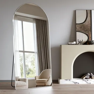 Productafbeelding van Volledige spiegel, 180x80 cm, gebogen, aluminium frame, zilverkleurig, geschikt om op te hangen of neer te zetten