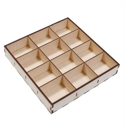 A wooden tray with 12 compartments is shown against a white background.