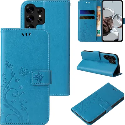 Produktbild von Handyhülle für Samsung Galaxy S25 Ultra Floral Blumen Schmetterling Flip Cover Hülle Case Klapphülle Handytasche Farbe: Blau