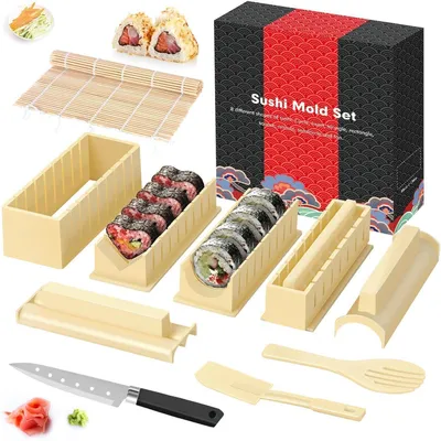 Produktbild von Sushi Maker Set 12 Teile für Anfänger mit Reis Roll Formen, Messer, Matte Weiß Beige