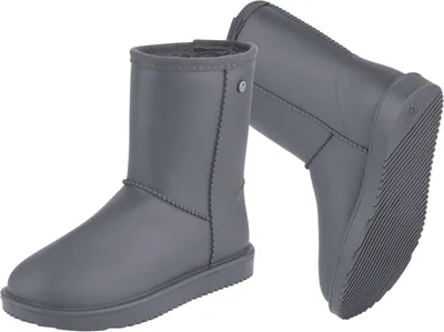 A pair of gray winter boots shown against a white background.