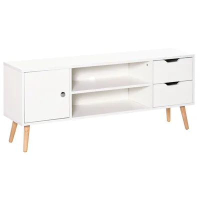Image de HOMCOM Meuble TV Banc TV Style scandinave Placard 2 niches 2 tiroirs Passe-Fils Panneaux Particules Blanc Bois pin