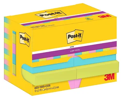 Produktbild von Post-it Super Sticky Notes: Cosmic Collection, 12 Blöcke, 90 Blatt pro Block, 47,6 mm, Türkis, Grün, Pink