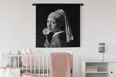 Produktbild von MuchoWow® Wandteppich Wandbehang Das Mädchen mit dem Perlenohrring - Johannes Vermeer - Schwarz und weiß 90x90 cm Tapisserie Dekoration Wandtuch - Wandaufhänger