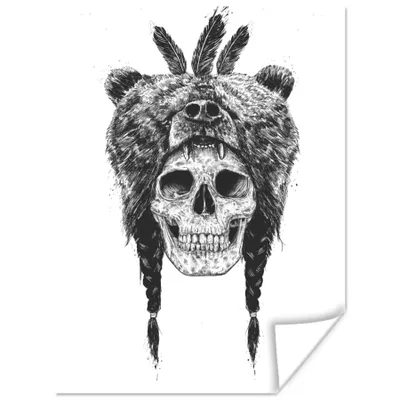 Produktbild von MuchoWow® Poster Schädel - Indianer - Bär - Federn 60x80 cm - Schlafzimmer Dekoration