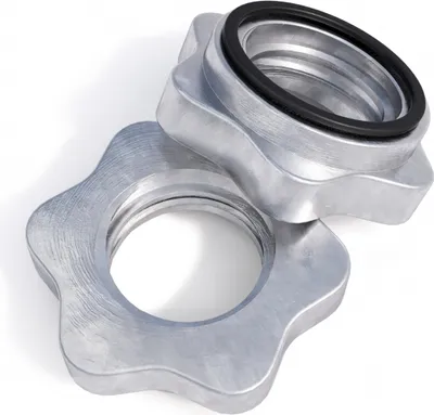 Two silver star-shaped weight collars with a black rubber ring on one of them, placed on a white background.