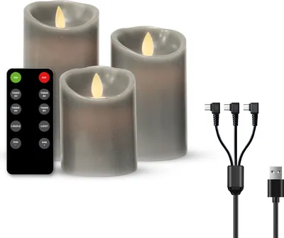 Produktbild von FlinQ wiederaufladbare LED-Kerzen mit beweglicher Flamme – inkl. Fernbedienung mit Timer & Dimmfunktion – flackernd – Stabkerzen – 3er-Set – Anthrazit