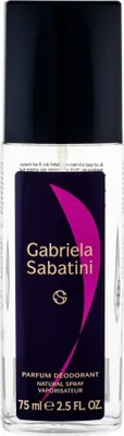 A clear studio shot of a Gabriela Sabatini deodorant spray bottle.