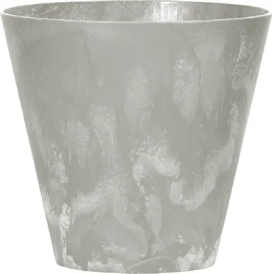 A close-up studio shot of a gray planter with a marbled effect.