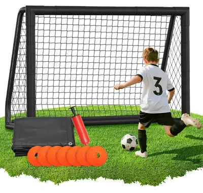 Obrázok produktu pre Futbalová bránka Peviasot 180 x 120 x 60 cm – detská futbalová bránka s bránkovou stenou a sieťou, pevná kovová bránka do záhrady a do interiéru, čierna