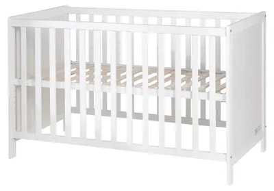 Imagen del producto de Cama nido, color blanco, con altura ajustable, 5 barras laterales, incluye somier y colchón a juego, dimensiones 60 x 120 cm