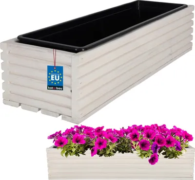 Zdjęcie produktu dla KOTARBAU® Drewniana skrzynka na kwiaty 64x20cm z wewnętrzną doniczką Skrzynka balkonowa Biała Doniczka balkonowa Doniczka na kwiaty Doniczka drewniana Skrzynka na kwiaty Zewnętrzna skrzynka balkonowa Ogrodowa skrzynka tarasowa z wkładką