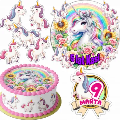 Obrázok produktu pre SADA DEKORÁCIÍ NA TORTU: 20 cm + 16 postavičiek – jednorožec + meno 15 cm, 18 cm