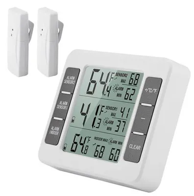 Imagen del producto de Termómetro exterior inalámbrico con pantalla LCD y alarma acústica, para uso en interiores y exteriores, con 2 sensores