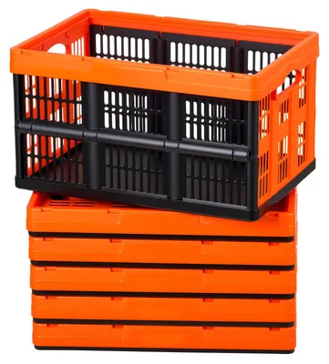 Produktbild von SucceBuy Klappbox 45 L 6er-Set, Faltbare Kunststoff-Aufbewahrungsboxen, Stapelbare Körbe mit Griffen, Belastbarkeit 15 kg pro Box, Faltkiste für Haushaltsorganisation, Orange & Schwarz