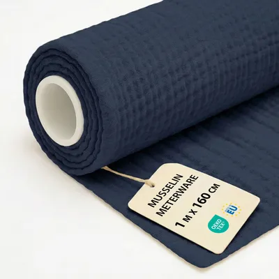 Productafbeelding van Mousseline stof, meterware, 1 meter x 160 cm - Katoenen stof, ideaal voor het naaien van beddengoed, dekens, kinderkleding, tafelkleden. Lichtgewicht katoenen stof. Mousseline. certificaat. Marineblauw