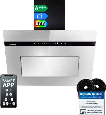 Produktbild von KKT KOLBE Dunstabzugshaube 60 cm Umluft Abluft Kopffrei Wandhaube Schwarz Glas Spiegel | Smart WiFi App WLAN Touch | RGBW LED-Beleuchtung | PLOOM6005M