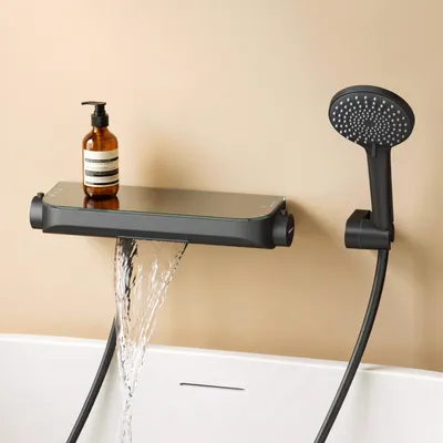 Image de doporro Système de Douche Thermostatique avec Douchettes Douche à Main Noir Mat Robinet Baignoire Pommeau de Douche en Laiton avec Plateau de Rangement Salle de Bain Duschsystem8