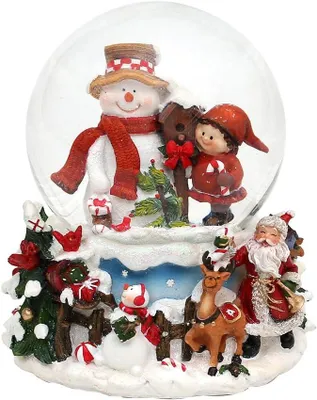 Produktbild von Schneekugel Schneemann mit Kind auf aufwendig verziertem Sockel, mit Spielwerk, Melodie: White Christmas, Maße L/B/H: 12,5 x 12 x 14,5 cm Kugel Ø 10 cm.
