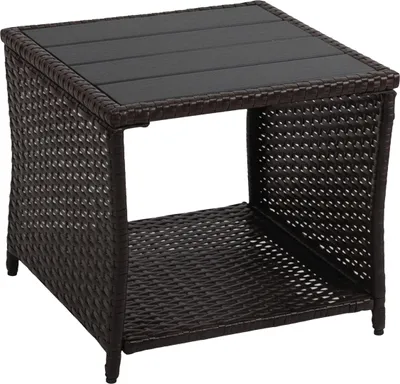 Obrázok produktu pre Stôl na balkón Relaxdays, VxŠxH: 40 x 45 x 45 cm, odolný voči poveternostným vplyvom, polyrotang, WPC, oceľ, hranatý záhradný stolík, hnedý