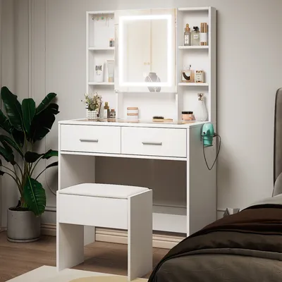 Produktbild von FCH Schminktisch, Hocker, 3-LED Einstellbare Helligkeit, Transparente Tischplatte, 2 Schubladen, 5 Haken, 80cm x 40cm x130cm, Weiß