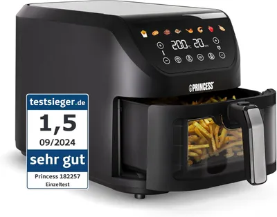 Princess SlimFry Airfryer, 8L, 2000W, 8 Programme, Digitales Touchscreen, Sichtfenster, Automatische Abschaltung, Spülmaschinenfest, 182257
