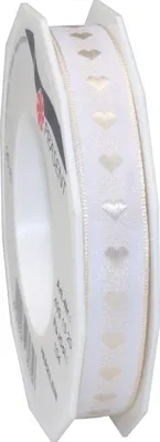 Zdjęcie produktu dla PRÄSENT Herzilein – wstążka dekoracyjna biało-kremowa, 20 m Elegancka wstążka do dekoracji i rękodzieła, szerokość 15 mm, wstążka do tworzenia kokardek na ślub, chrzciny i inne wyjątkowe okazje