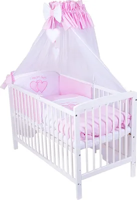 Produktbild von KMbaby Babybett Jose weiss 120x60 mit 10tlg Bettwäsche Set Matratze Gitterbett Herzen rosa