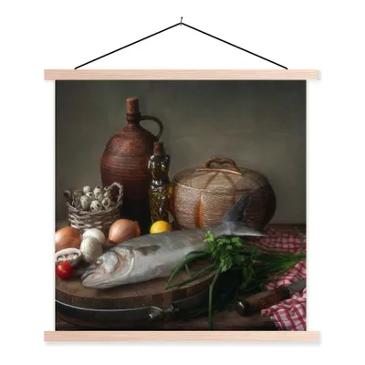 Produktbild von MuchoWow® Textilposter Rustikal - Fisch - Stilleben - Gemüse - Kräuter 60x60 cm mit holzfarbenen Rahmen - Wanddekoration