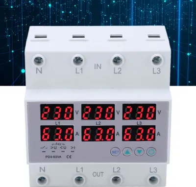 Zdjęcie produktu dla 3-fazowy woltomierz-amperomierz na szynę DIN Automatyczne zabezpieczenie przepięciowe/nadprądowe AC 390-500 V 40 A