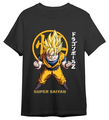 Imagen del producto de Camiseta de Dragon Ball Z con el personaje Goku, en versión Super Saiyajin, con caracteres kanji, para adultos