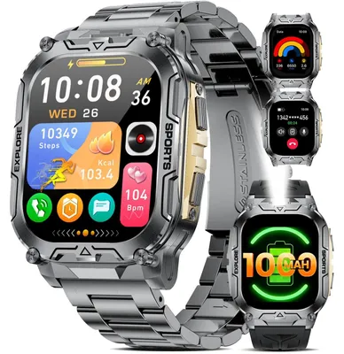 Zdjęcie produktu dla Inteligentny zegarek męski, styl militarny, z funkcją telefonu, diodą LED (latarką), wodoodporny (IP68), bateria 1000mAh, ponad 100 trybów sportowych, monitorowanie tętna, kolor srebrny