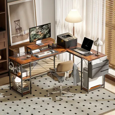 Produktbild von L-förmiger Schreibtisch 168 x 120 cm Eckschreibtisch mit Ablagefächern, Aufbewahrungstasche Umkehrbar Computertisch mit Monitorständer