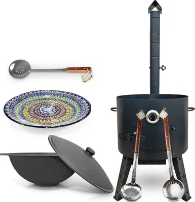 Produktbild von Gusseisen Kazan 22 L Deckel Utschak Feuerofen 49cm Schaumlöffel казан Lagan учак