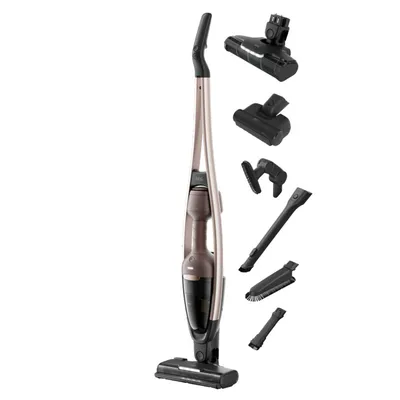 A cordless vacuum cleaner with multiple attachments displayed on a white background.