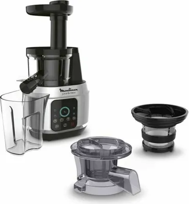A juicer and its accessories are displayed against a white background.