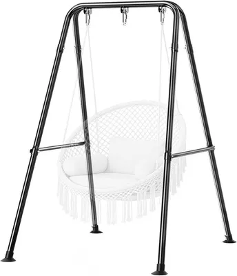 Obrázek produktu pro Skládací konstrukce pro zavěšené křeslo, stojan na houpací síť z oceli, nosnost až 150 kg, rozměry 117 x 150 x 181 cm, s 3 karabinami, vhodný pro zavěšená křesla, houpací sítě a houpačky, pro použití v interiéru i exteriéru (bez zavěšeného křesla)