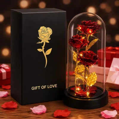 Rosen-Deko im Glasdom, 3 rote Rosen, warmes Licht, 21,5 cm